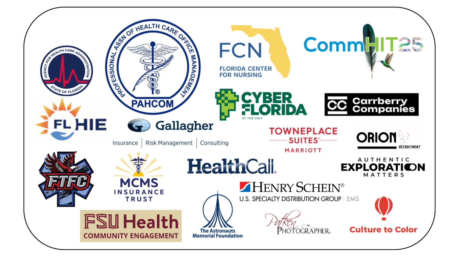 Logos of CommHIT25 supporters and exhibitors, including PAHCOM, Florida Center for Nursing, Cyber Florida, Florida HIE, Gallagher, HealthCall, Henry Schein, FSU Health and the Astronauts Memorial Foundation